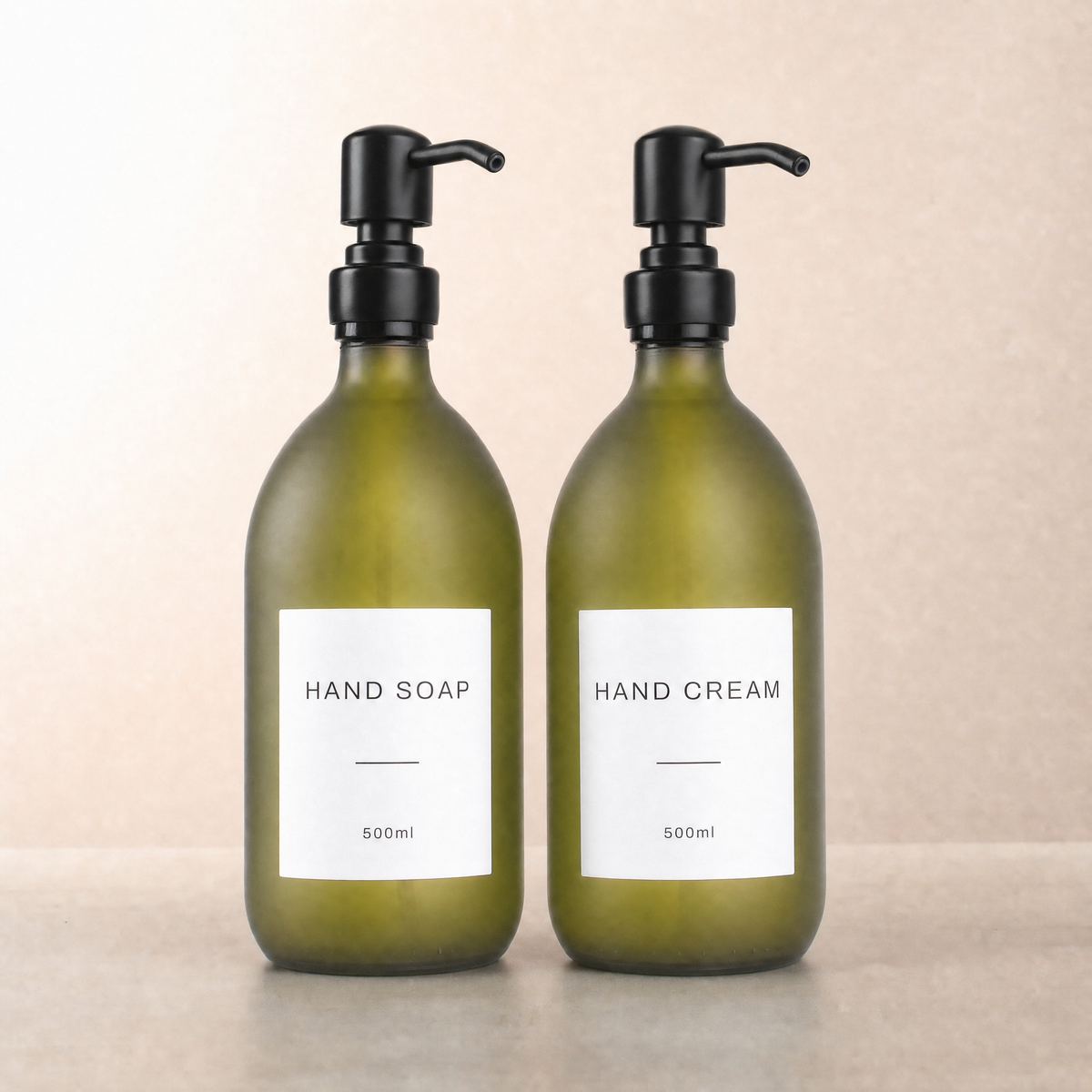 Hand Soap & Hand Cream Frosted Green Glass Set, matte black pumps