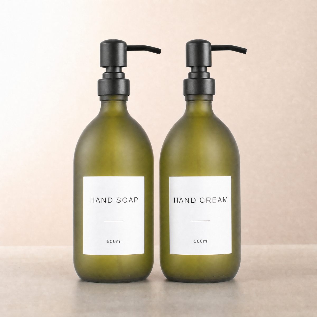 Hand Soap & Hand Cream Frosted Green Glass Set, matte black pumps