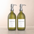 Hand Soap & Hand Cream Frosted Green Glass Set, silver pumps