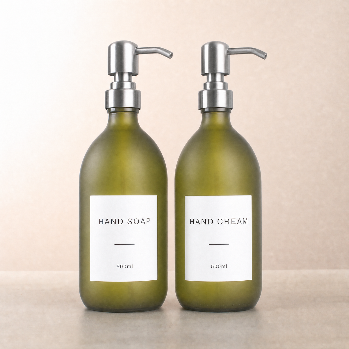 Hand Soap & Hand Cream Frosted Green Glass Set, silver pumps