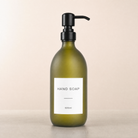 Labelled Frosted Green Glass Dispenser, matte black pump