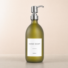 Labelled Frosted Green Glass Dispenser, silver pump