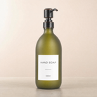Labelled Frosted Green Glass Dispenser, black and copper pump