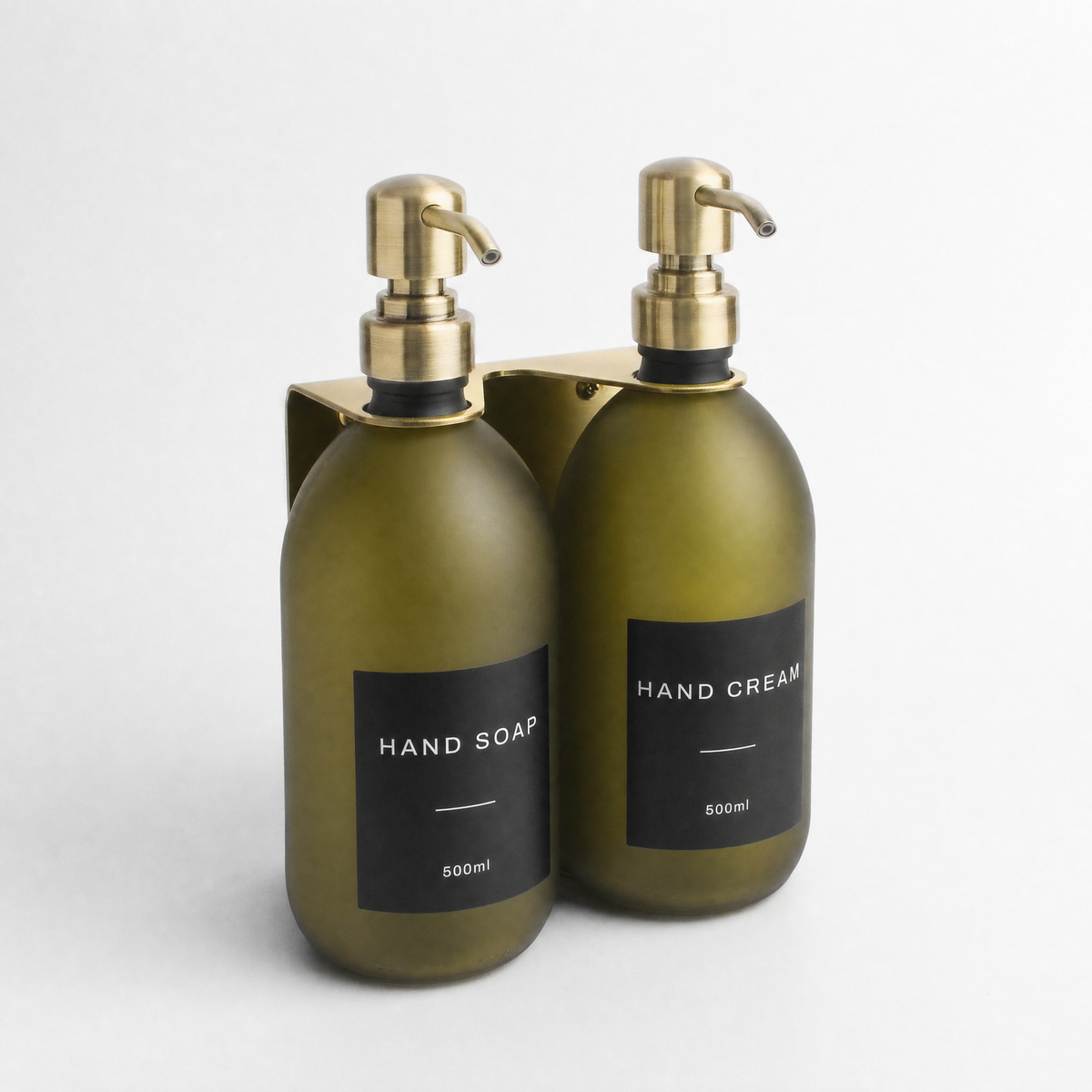 Hand Soap & Hand Cream Frosted Green Glass Set, Gold wall bracket
