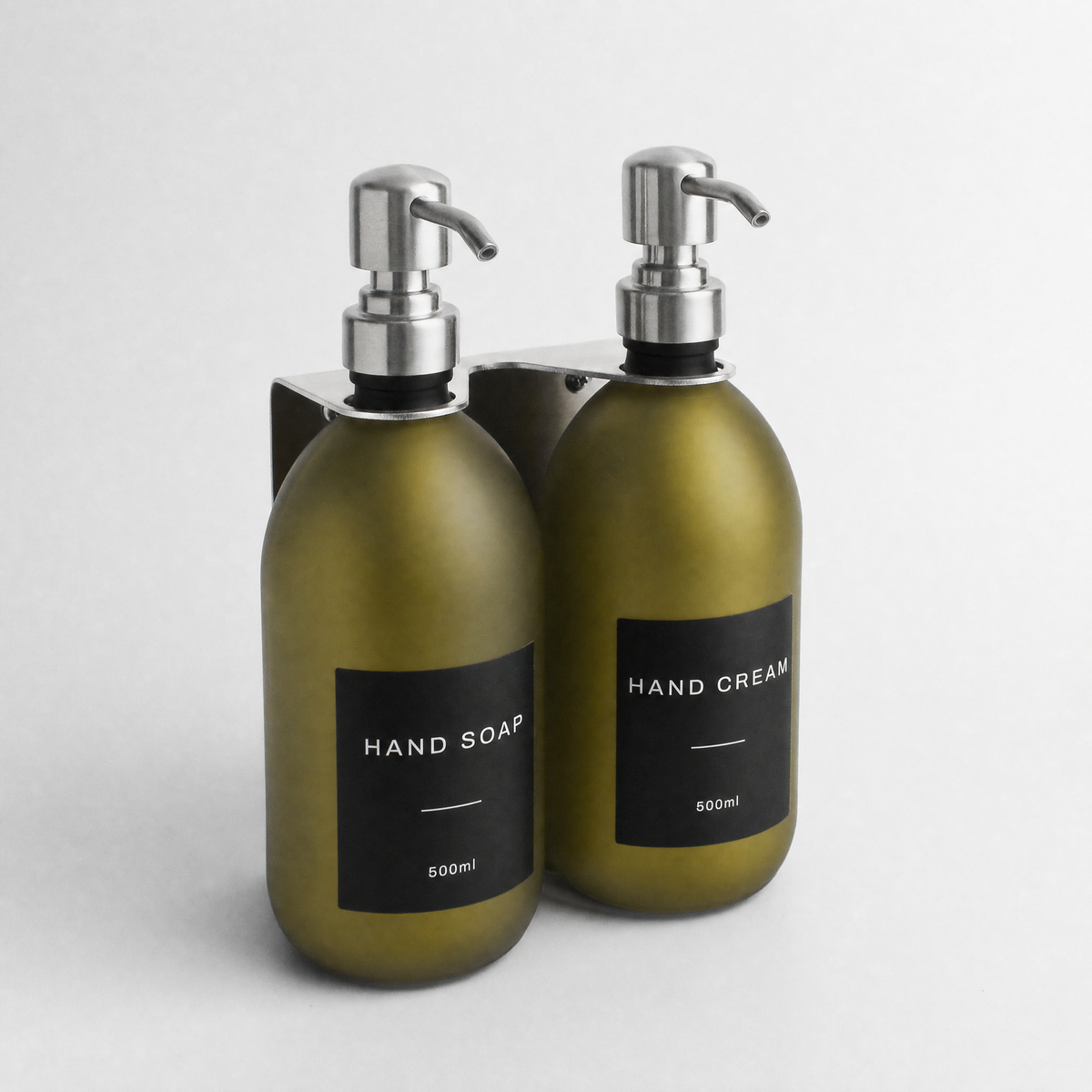 Hand Soap & Hand Cream Frosted Green Glass Set, Silver wall bracket