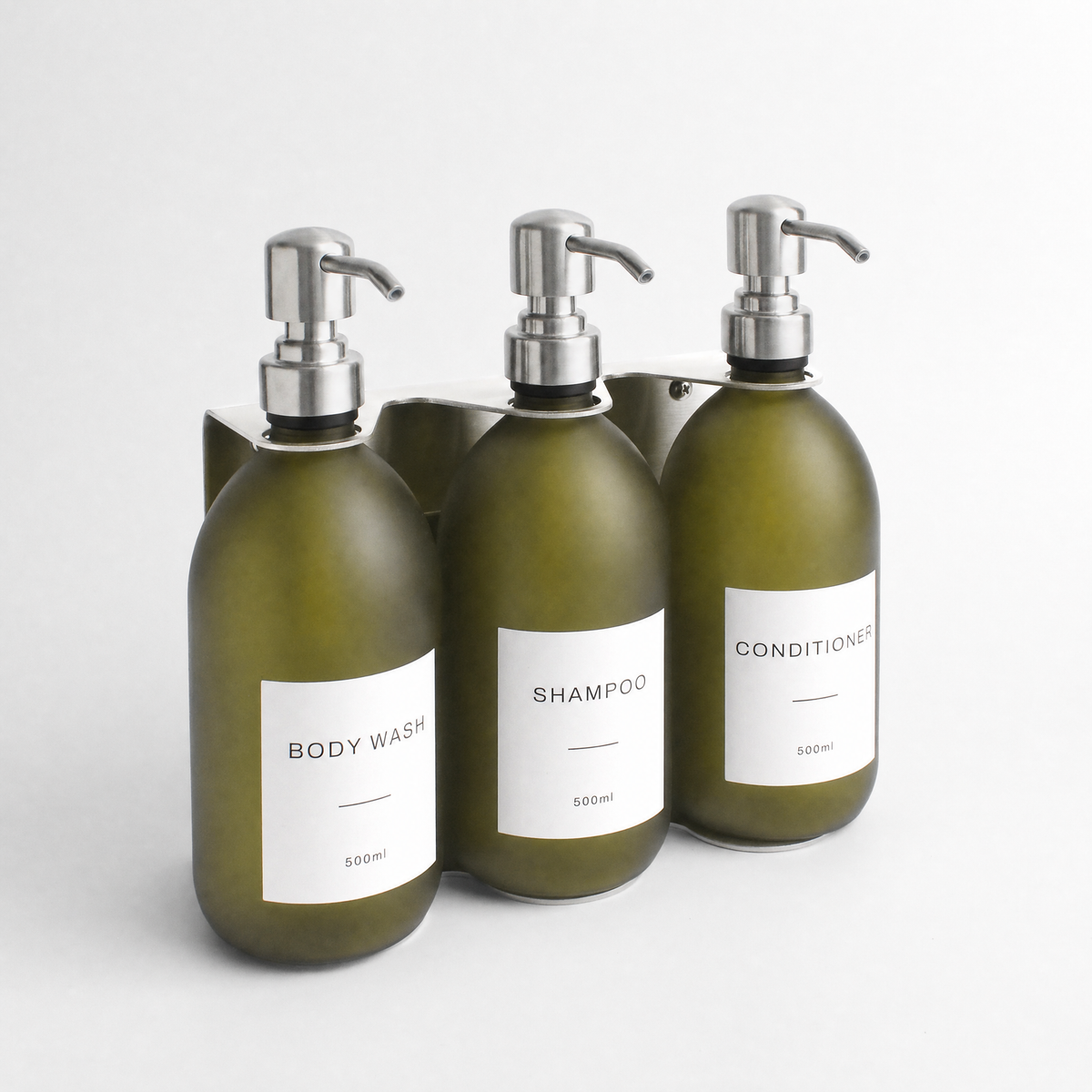 Body Wash, Shampoo & Conditioner Frosted Green Glass Set, Silver wall bracket