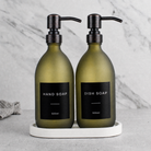 White Tray & Frosted Green Glass Hand Soap & Dish Soap Set on a white stone tray, black and copper pumps