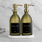 White Tray & Frosted Green Glass Hand Soap & Dish Soap Set on a white stone tray, gold pumps