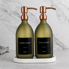 White Tray & Frosted Green Glass Hand Soap & Dish Soap Set on a white stone tray, rose gold pumps
