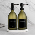 White Tray & Frosted Green Glass Hand Soap & Dish Soap Set on a white stone tray, matte black pumps