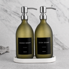 White Tray & Frosted Green Glass Hand Soap & Dish Soap Set on a white stone tray, silver pumps