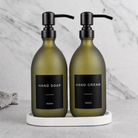 White Tray & Frosted Green Glass Hand Soap & Hand Cream Set on a white stone tray, black and copper pumps