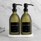 White Tray & Frosted Green Glass Hand Soap & Hand Cream Set on a white stone tray, matte black pumps