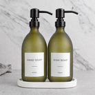 White Tray & Frosted Green Glass Hand Soap & Dish Soap Set on a white stone tray, black and copper pumps