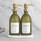 White Tray & Frosted Green Glass Hand Soap & Dish Soap Set on a white stone tray, gold pumps