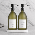 White Tray & Frosted Green Glass Hand Soap & Dish Soap Set on a white stone tray, matte black pumps