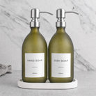 White Tray & Frosted Green Glass Hand Soap & Dish Soap Set on a white stone tray, silver pumps