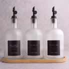 Frosted White Glass Tall Neck Oil & Vinegar Set of 3 with Bamboo Tray