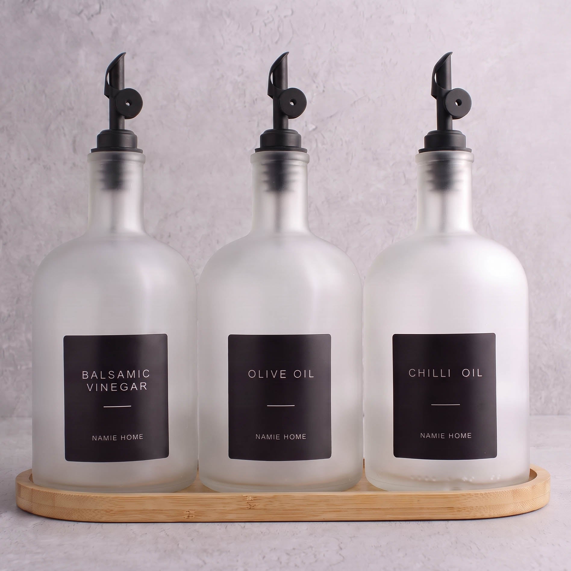 Frosted White Glass Tall Neck Oil & Vinegar Set of 3 with Bamboo Tray