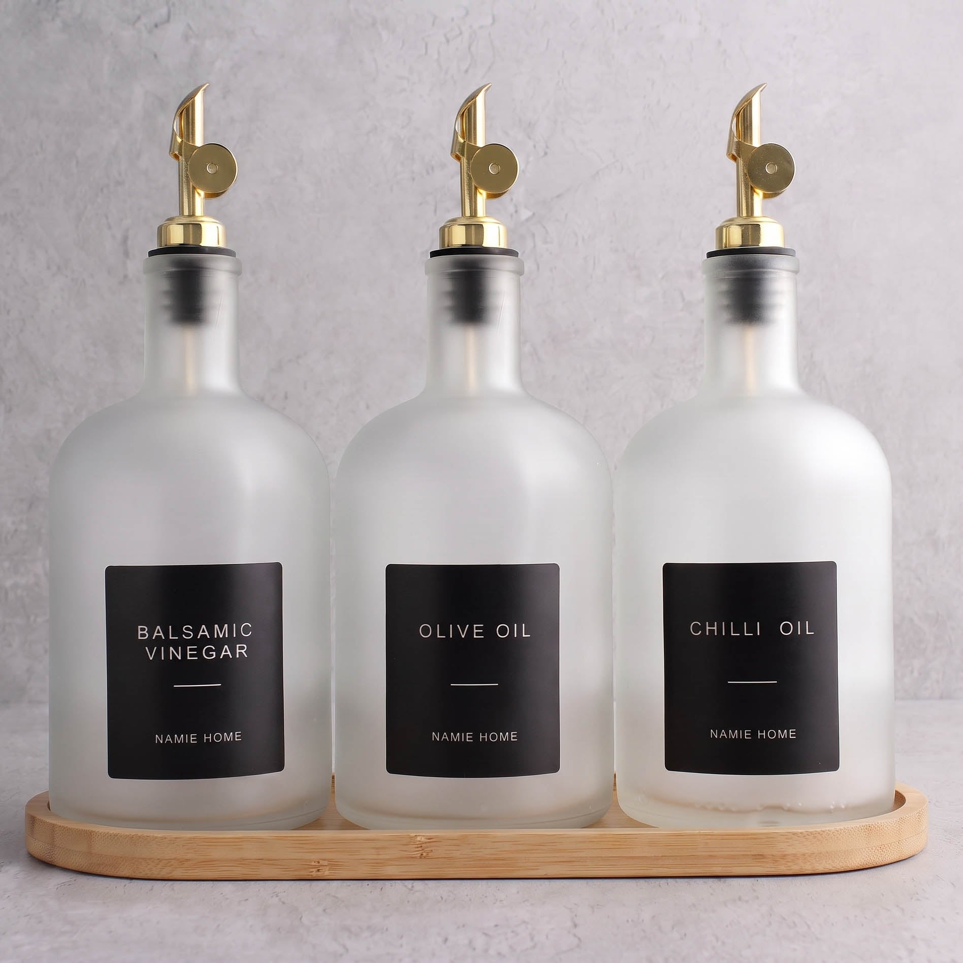 Frosted White Glass Tall Neck Oil & Vinegar Set of 3 with Bamboo Tray