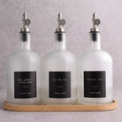 Frosted White Glass Tall Neck Oil & Vinegar Set of 3 with Bamboo Tray