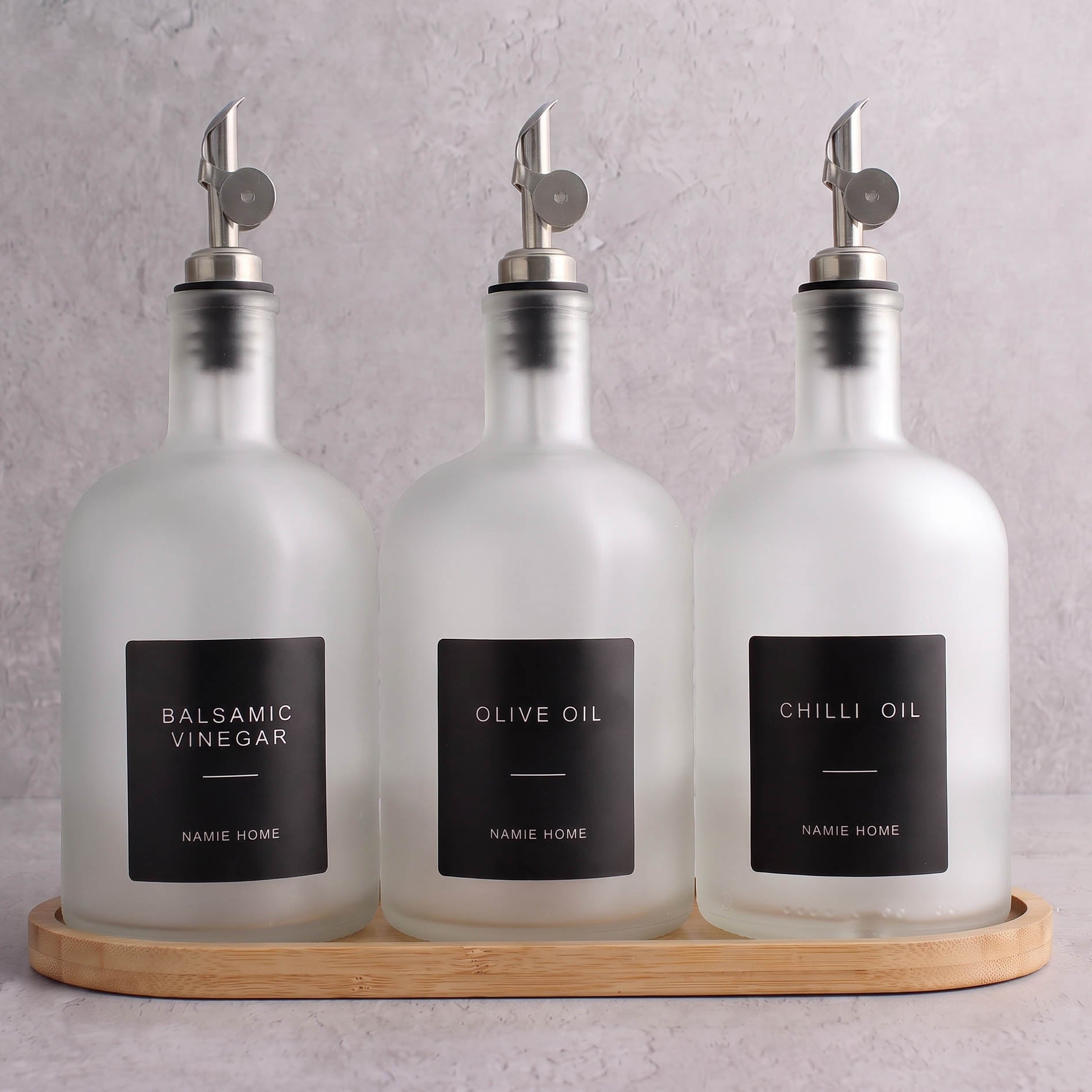 Frosted White Glass Tall Neck Oil & Vinegar Set of 3 with Bamboo Tray