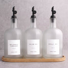 Frosted White Glass Tall Neck Oil & Vinegar Set of 3 with Bamboo Tray
