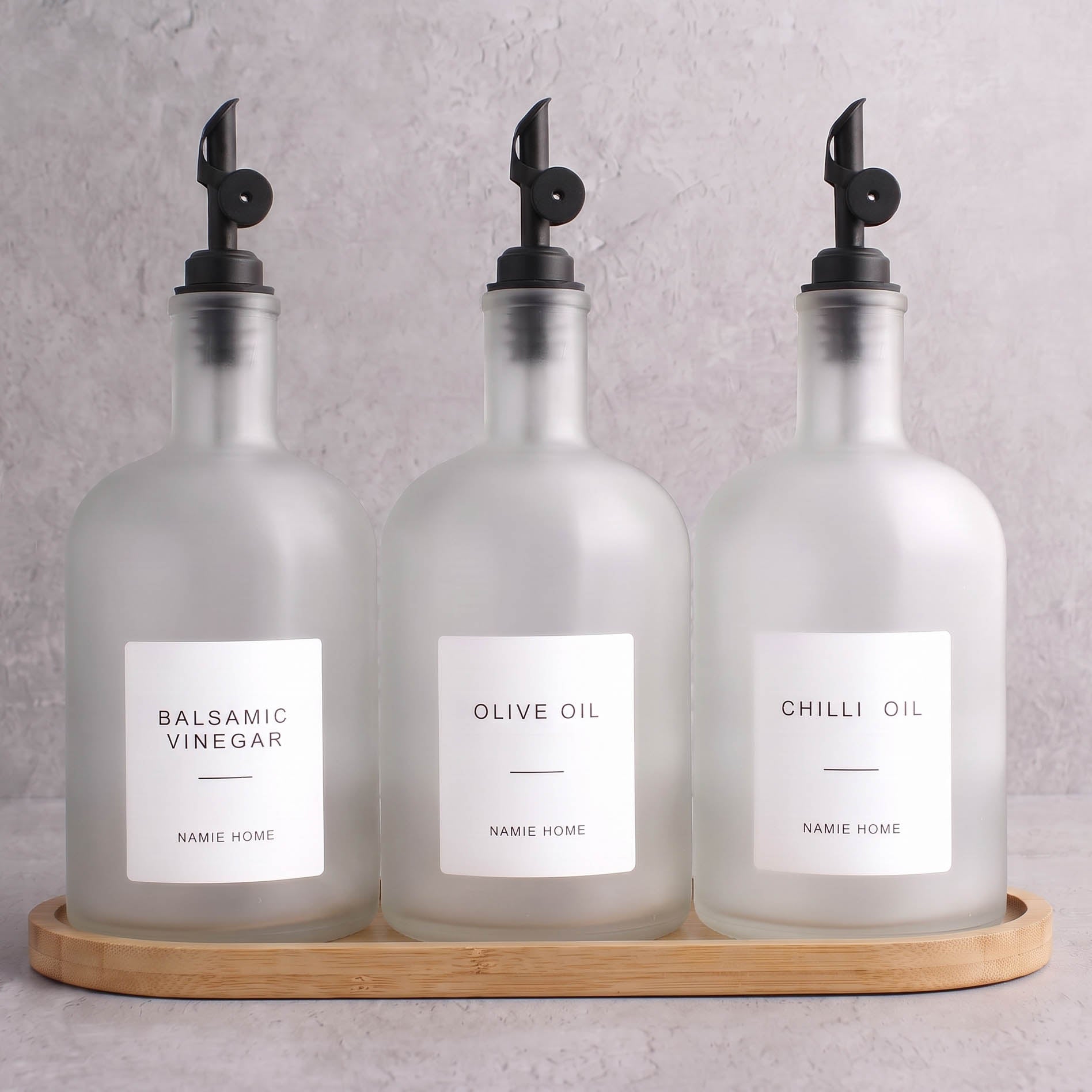 Frosted White Glass Tall Neck Oil & Vinegar Set of 3 with Bamboo Tray