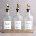 Frosted White Glass Tall Neck Oil & Vinegar Set of 3 with Bamboo Tray