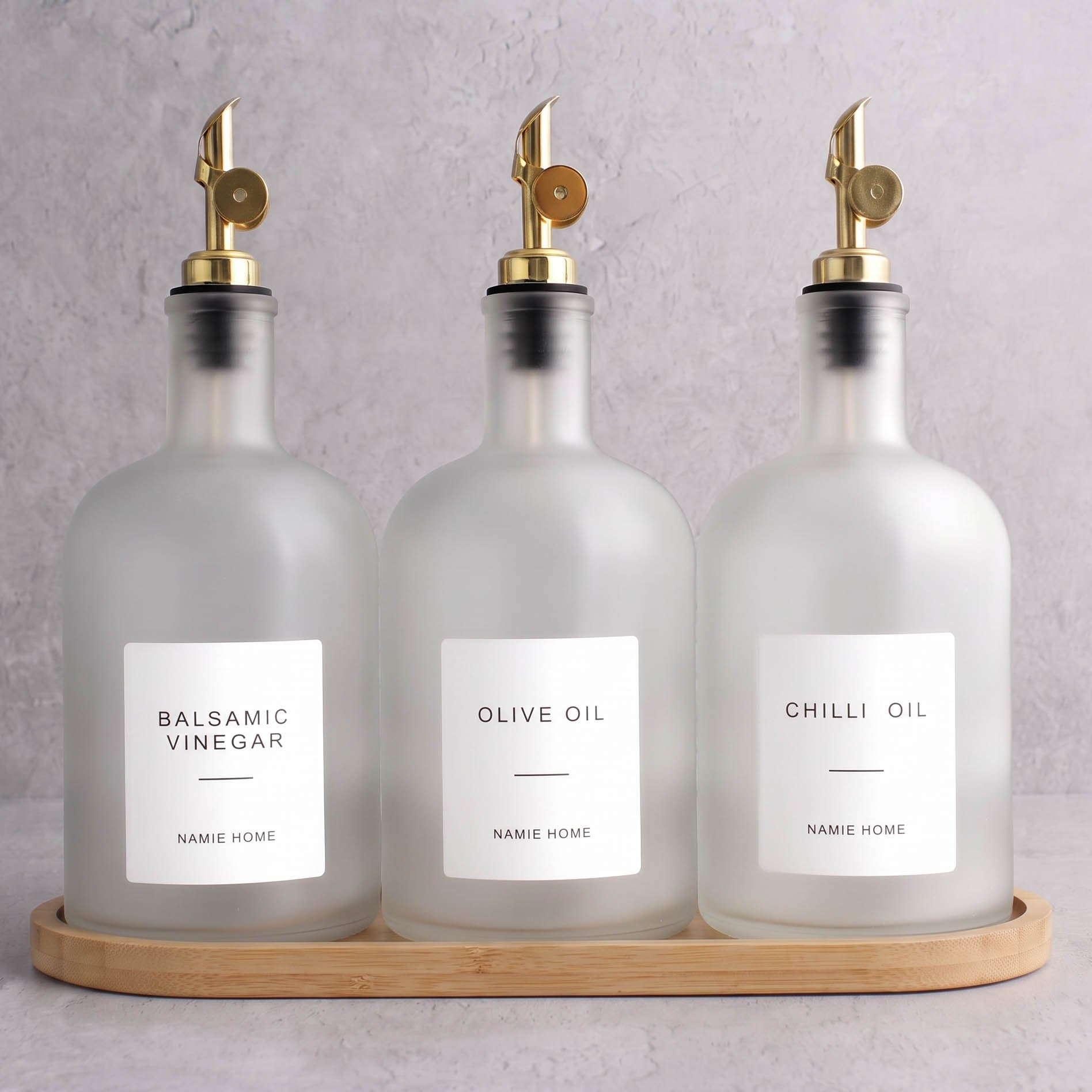 Frosted White Glass Tall Neck Oil & Vinegar Set of 3 with Bamboo Tray