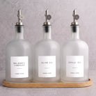 Frosted White Glass Tall Neck Oil & Vinegar Set of 3 with Bamboo Tray
