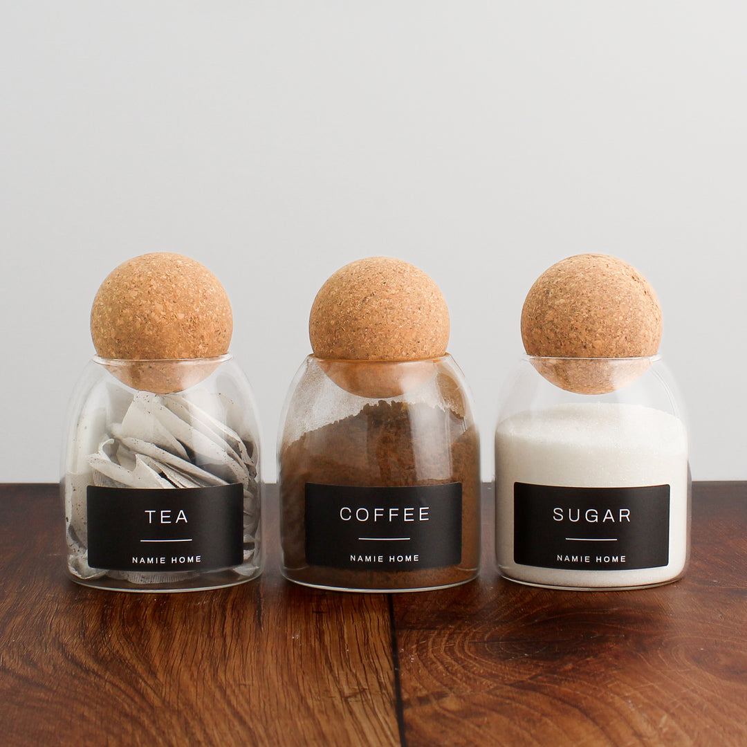 Tea Coffee Sugar Cork Ball Glass Storage Jar Set