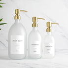 Labelled Frosted White Glass Dispenser Bottle With Gold Pump - Namie Home