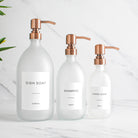 Labelled Frosted White Glass Dispenser Bottle With Rose Gold Pump - Namie Home