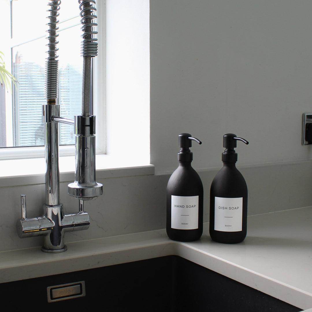 Labelled Matte Black Glass Dispenser Bottle With Matte Black Pump