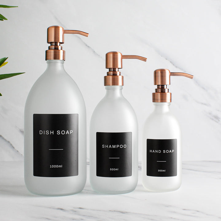 Labelled Frosted White Glass Dispenser Bottle With Rose Gold Pump