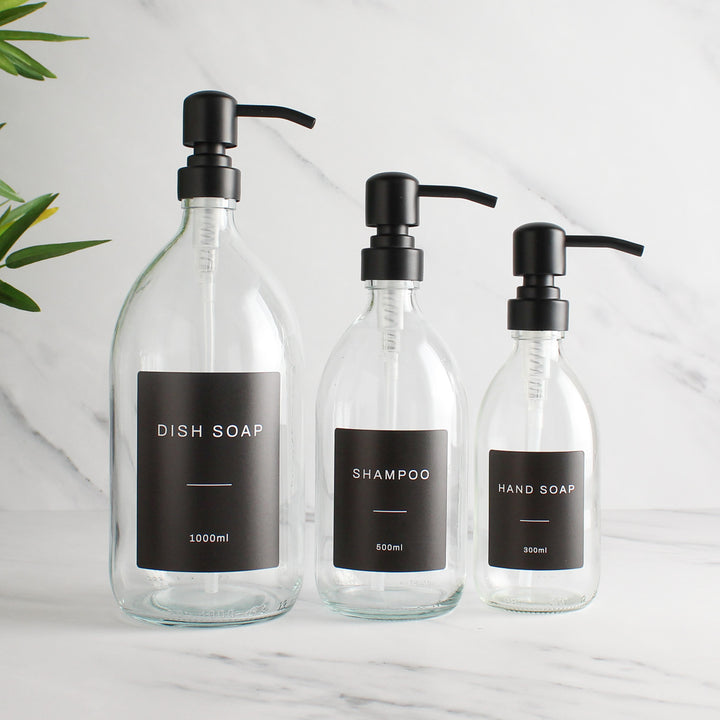 Labelled Clear Glass Dispenser Bottle With Matte Black Pump