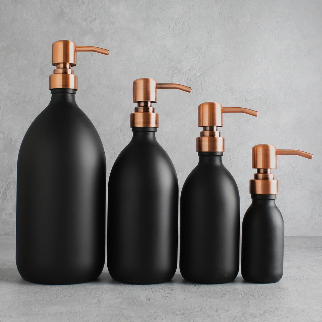 Matte Black Glass Dispenser Bottle With Rose Gold Pump