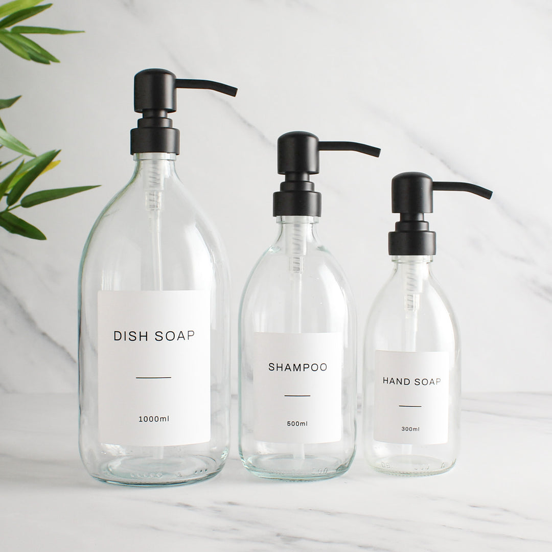 Labelled Clear Glass Dispenser Bottle With Matte Black Pump