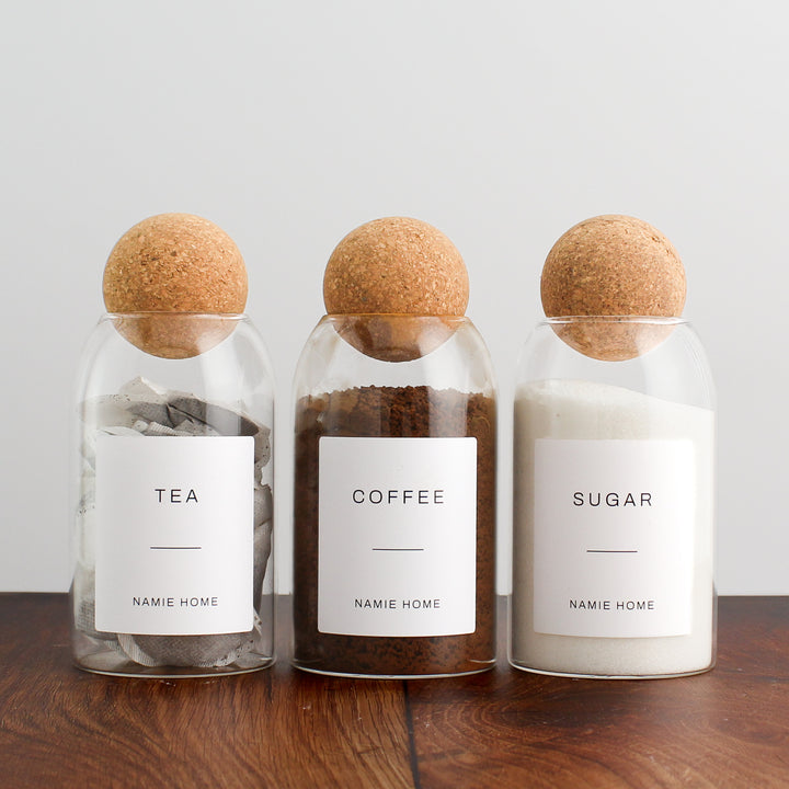 Tea Coffee Sugar Cork Ball Glass Storage Jar Set