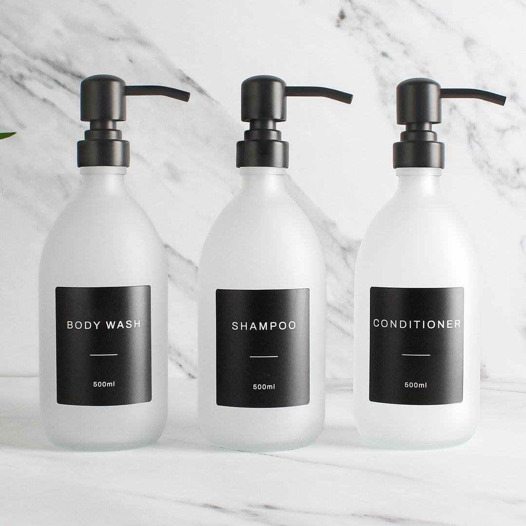 Body Wash, Shampoo & Conditioner Frosted White Glass Set