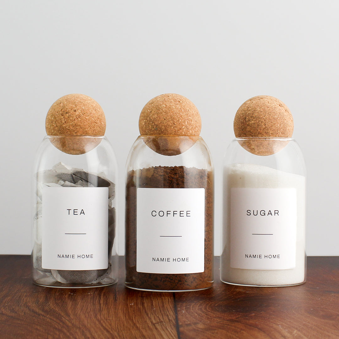 Tea Coffee Sugar Cork Ball Glass Storage Jar Set