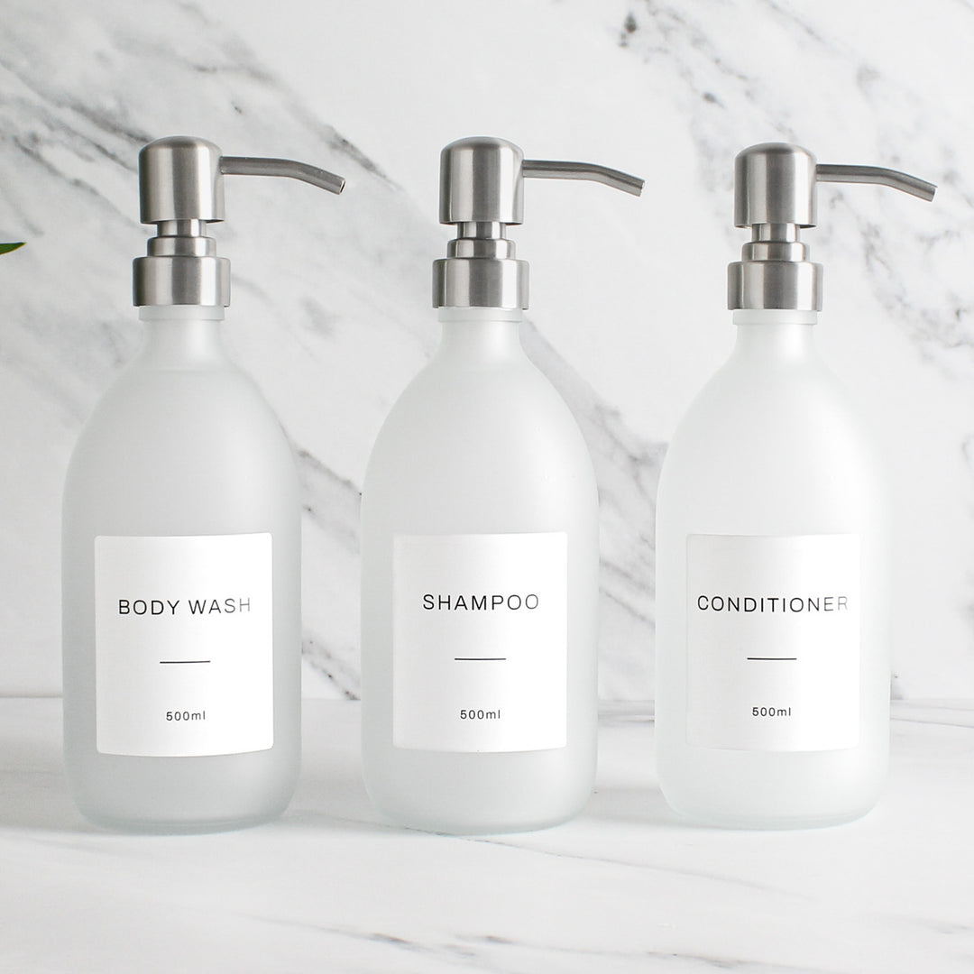 Body Wash, Shampoo & Conditioner Frosted White Glass Set