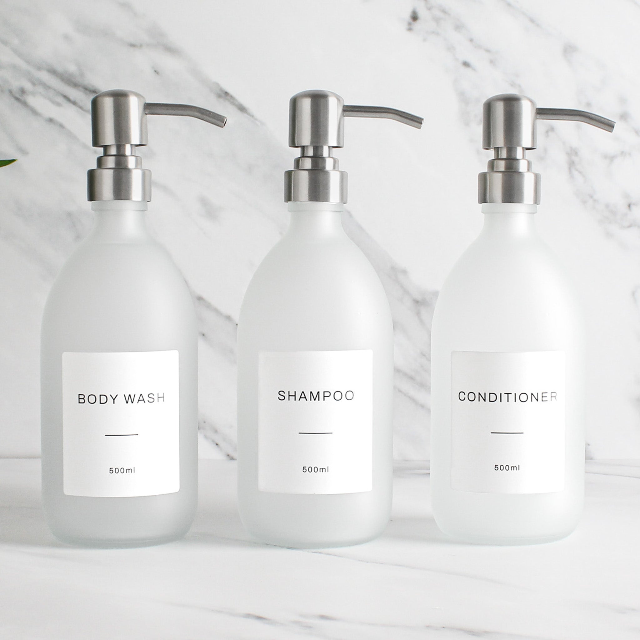 Body Wash, Shampoo & Conditioner Frosted White Glass Set - Namie Home