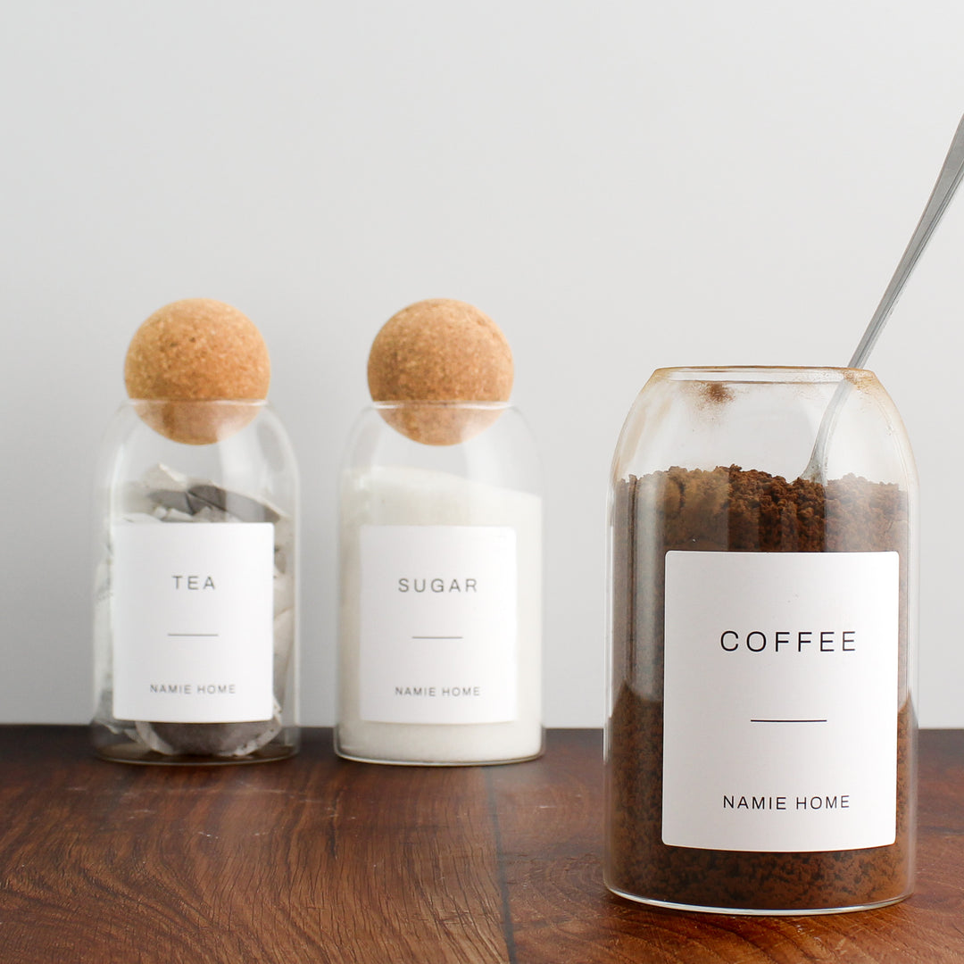 Tea Coffee Sugar Cork Ball Glass Storage Jar Set