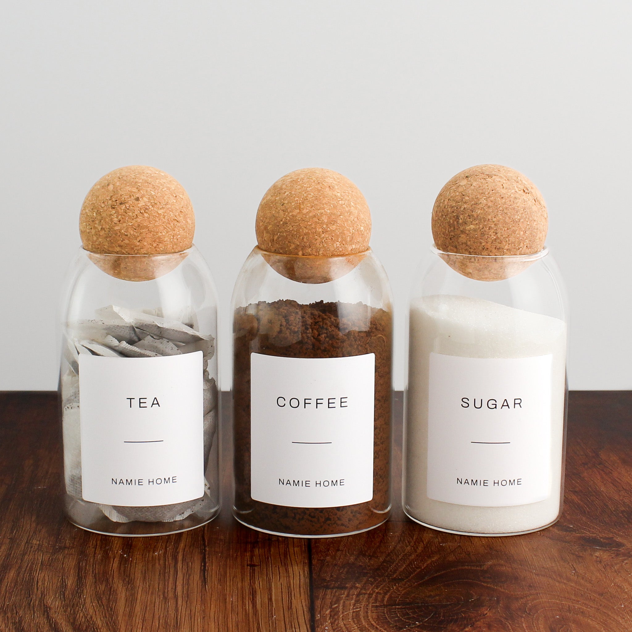 Tea Coffee Sugar Cork Ball Glass Storage Jar Set - Namie Home