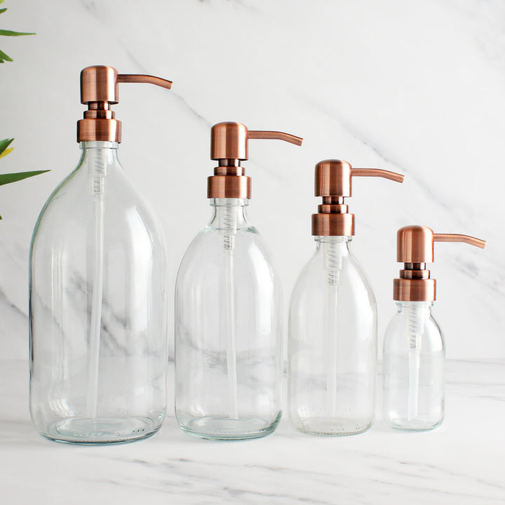 Clear Glass Dispenser Bottle With Rose Gold Pump