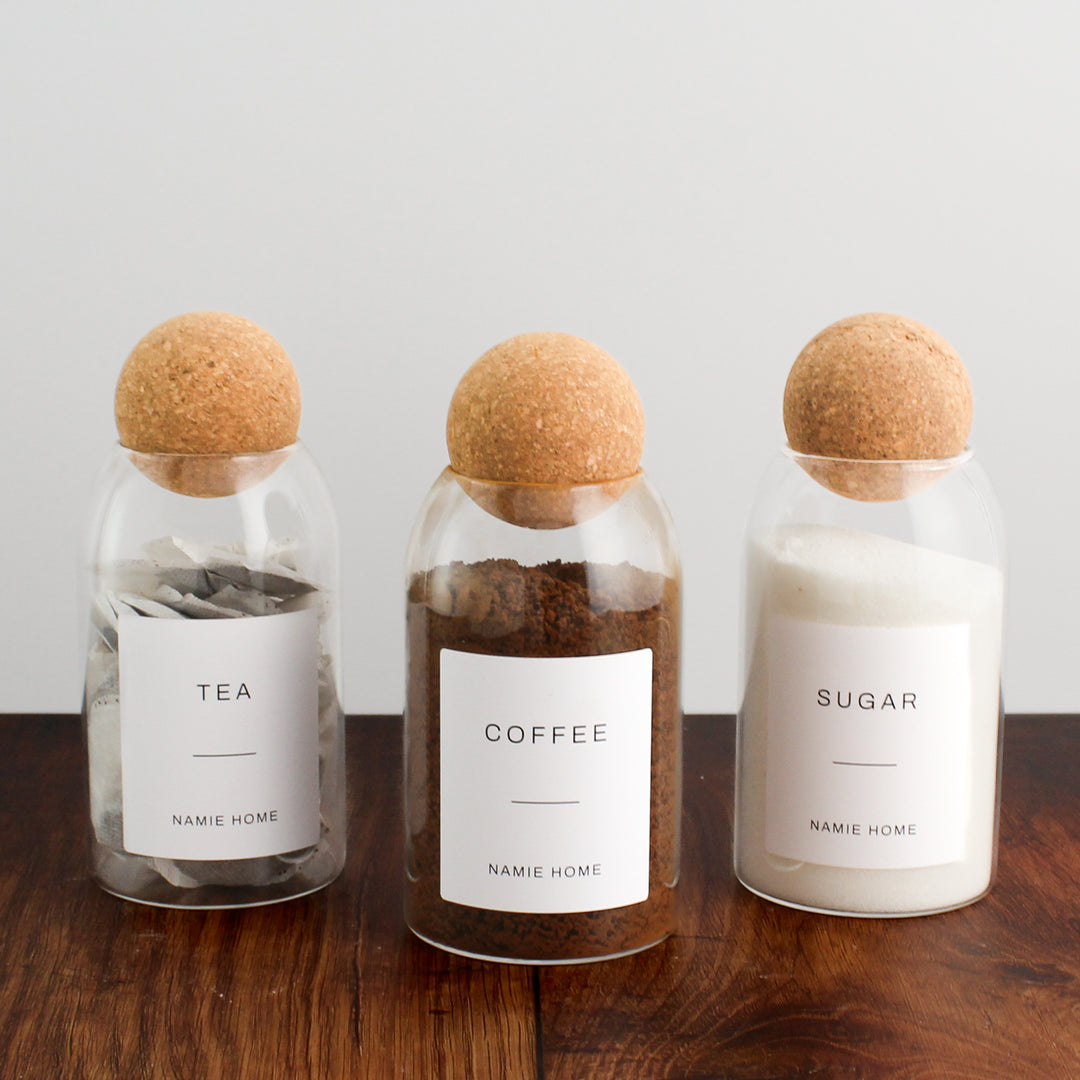 Tea Coffee Sugar Cork Ball Glass Storage Jar Set