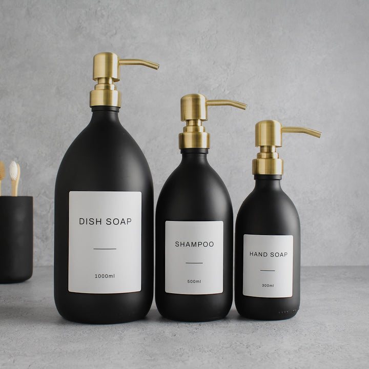 Labelled Matte Black Glass Dispenser Bottle With Gold Pump