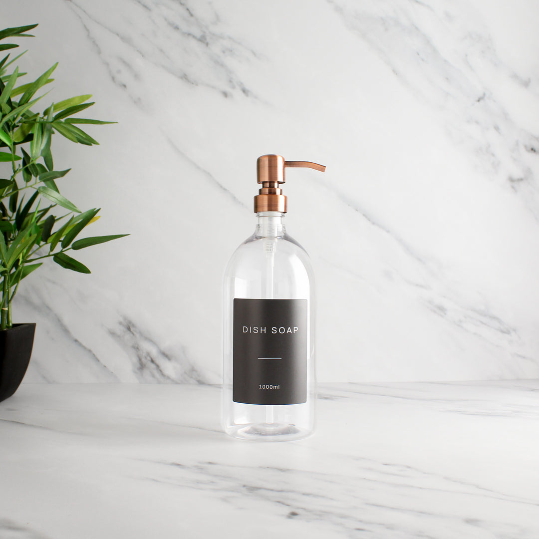 Labelled Clear Plastic Dispenser Bottle With Rose Gold Pump